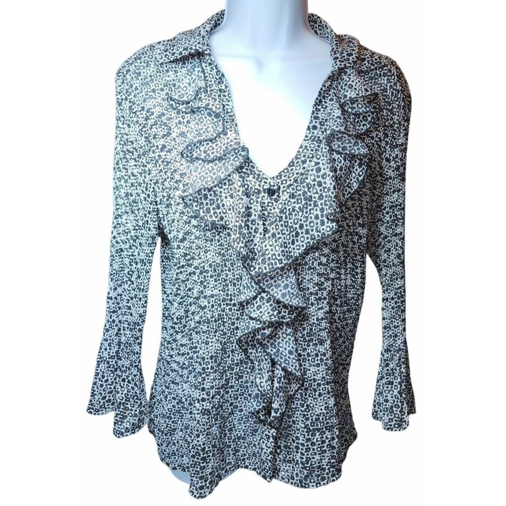 Women's New York City Design Ruffled Neck Button Down Accordion Blouse XL B&W